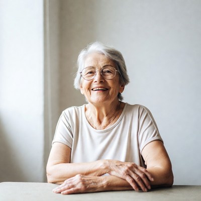 Elderly woman smiling with arms crossed