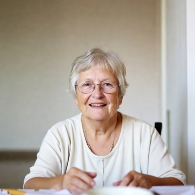 Elderly woman smiling with hands on table