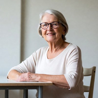 Elderly woman smiling at table