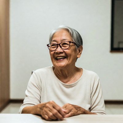 Elderly Asian woman smiling at table