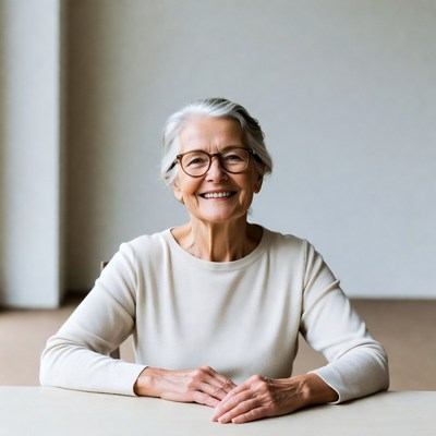 Elderly woman smiling at table