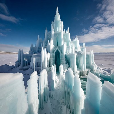 Majestic Ice Castle on Frozen Lake