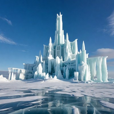 Massive Ice Castle on Frozen Lake