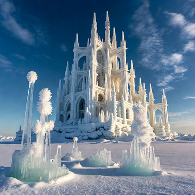 Ice Sculpture Cathedral in Snowy Landscape