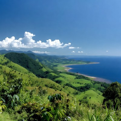 Green Hills and Curved Beach Bay