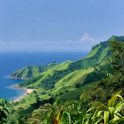 Lush Green Hills Overlooking Ocean Beach