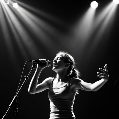 Woman singing on stage with microphone