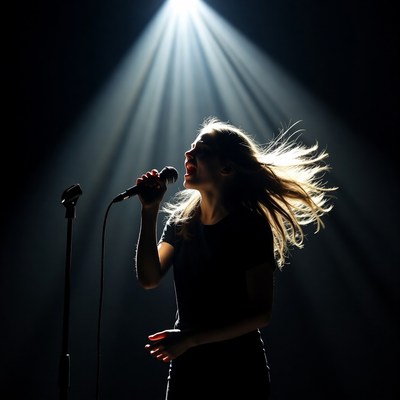 Woman singing with microphone in spotlight