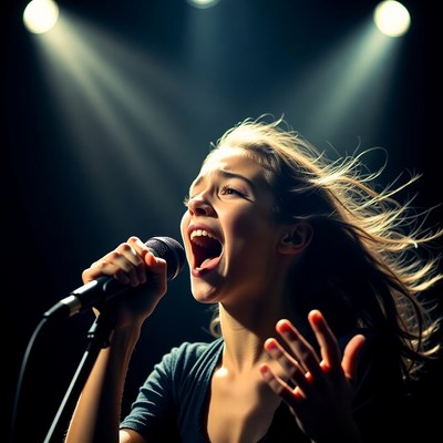 Woman singing passionately on stage