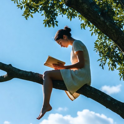 Woman reading book on tree branch