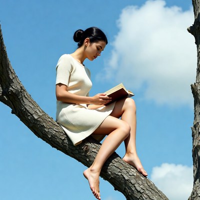 Woman reading book on tree branch