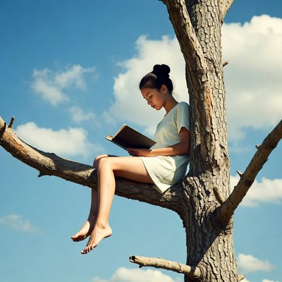 Asian girl reading book in tree