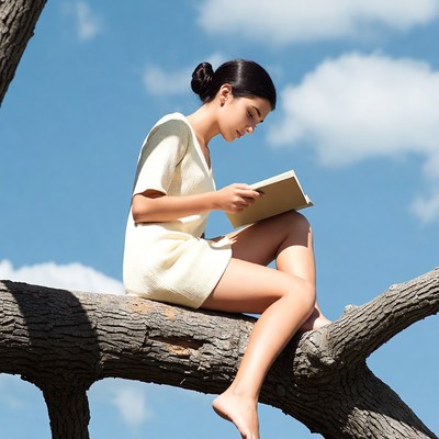Woman reading book on tree branch