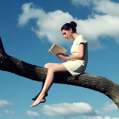 Woman reading book on tree branch