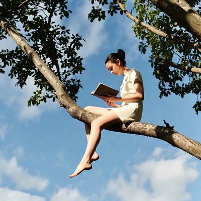 Asian woman reading book on tree branch