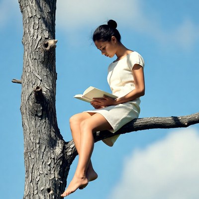 Asian woman reading book on tree branch