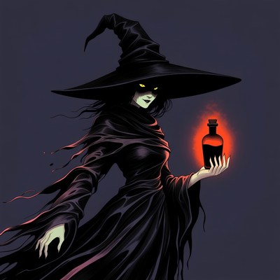 Witch holding glowing potion bottle