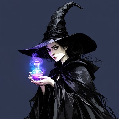 Witch holding glowing potion bottle