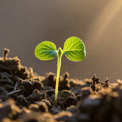 Green seedling in soil with sunlight