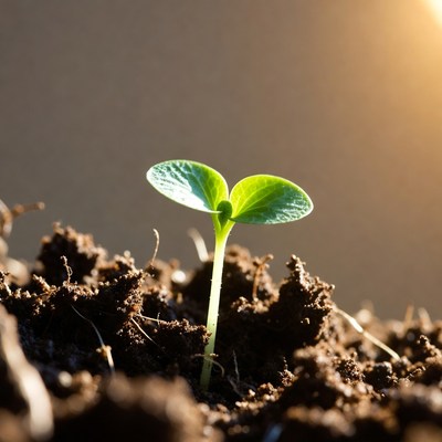 Green seedling in soil with sunlight