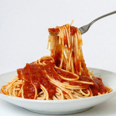 Spaghetti with marinara sauce on fork