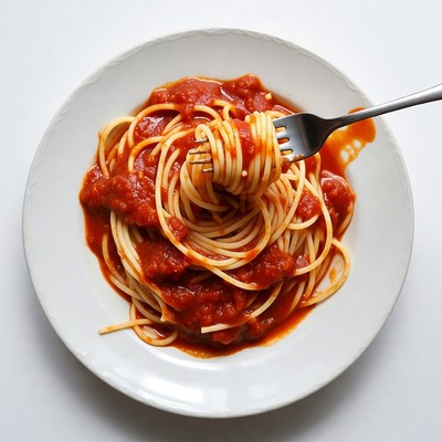 Spaghetti with red sauce on fork