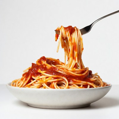 Spaghetti with tomato sauce on fork