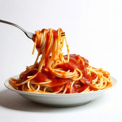Fork lifting spaghetti with tomato sauce
