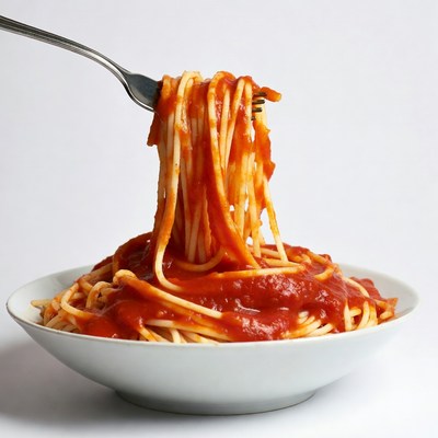 Fork lifting spaghetti with tomato sauce