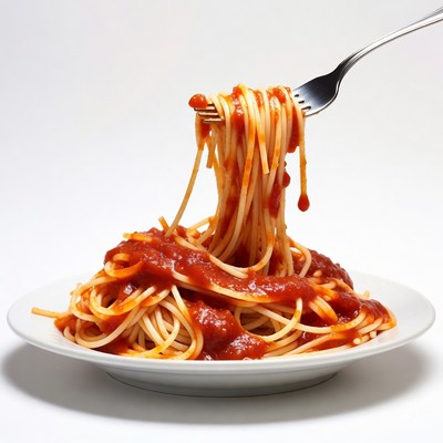 Spaghetti with marinara sauce on fork