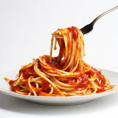 Spaghetti with tomato sauce on fork