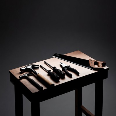 Hand Tools on Wooden Table