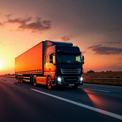 Semi Truck Driving at Sunset