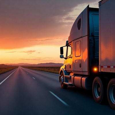 Semi Truck Driving on Sunset Highway