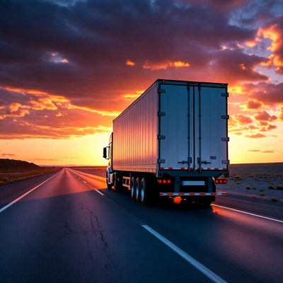 Semi Truck Driving on Desert Highway at Sunset
