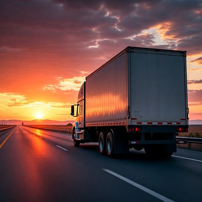 Semi Truck Driving on Highway at Sunset