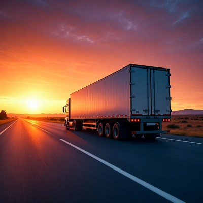 Semi Truck Driving at Sunset