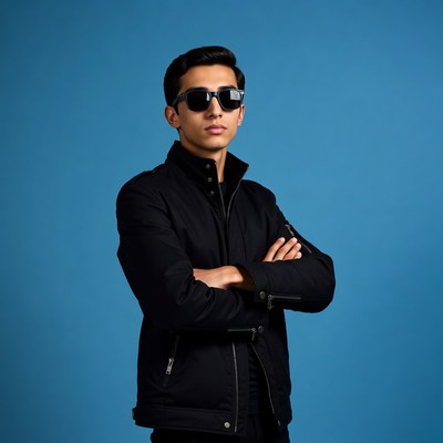 Young man in black jacket with sunglasses