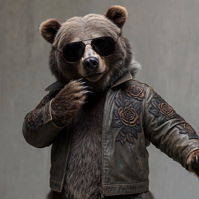Grizzly bear wearing sunglasses and leather jacket