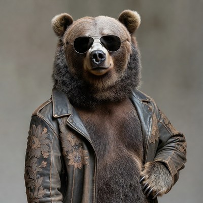 Bear wearing sunglasses and leather jacket