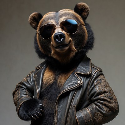 Bear wearing sunglasses and leather jacket
