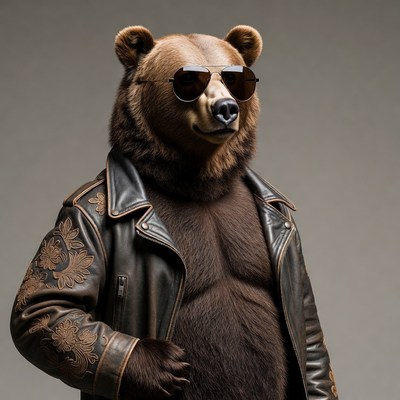 Bear wearing sunglasses and leather jacket