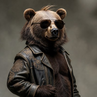 Grizzly bear wearing sunglasses and leather jacket