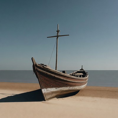 Abandoned Wooden Boat on Beach