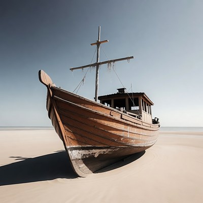 Abandoned Wooden Boat on Beach