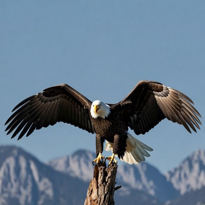 Bald eagle perched on stump with wings spread