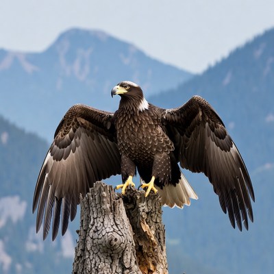 Bald Eagle Perched on Stump with Wings Spread