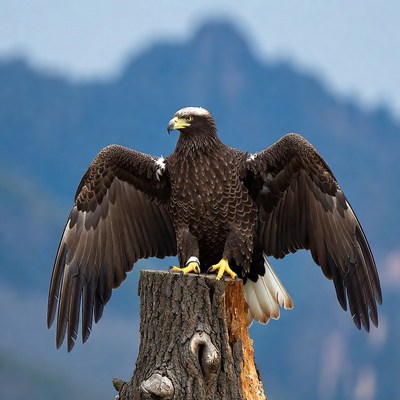 Bald eagle perched on stump