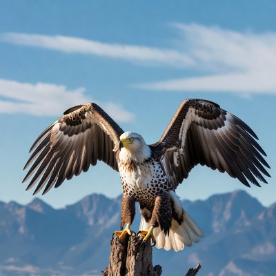 Bald eagle spreading wings on perch