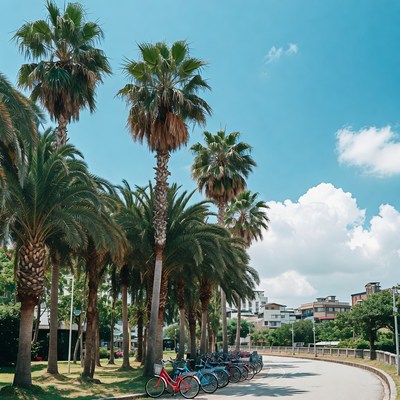 Palm trees and bicycles on sunny street